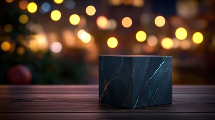 Canvas Print - Teal marble cube product display on wooden table at night with blurred Christmas lights