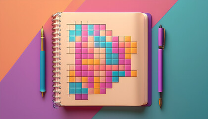 Poster - Colorful notebook with pixel art design and pens on a vibrant background