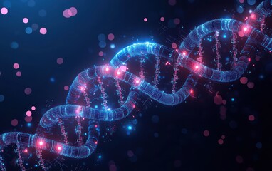 Poster - futuristic dna data storage and synthetic biology with neon technology and circuit patterns