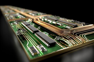 Poster - A detailed macro shot of a complex electronic circuit board with components, golden traces, and a green substrate showing advanced technology for computer hardware.