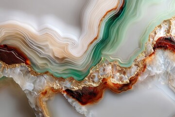 Poster - Abstract agate pattern with green, brown, beige, and white layers, accented by golden veins creating a luxurious marble stone surface with intricate lines and curves.