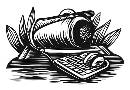 Artistic woodcut design featuring computer keyboard and mouse