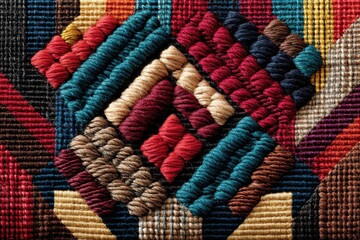 Poster - A vibrant and intricate close-up of a colorful needlepoint tapestry with detailed texture, showcasing craftsmanship and artistry, with multiple color combinations and patterns