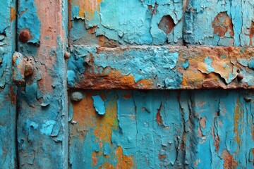 Poster - Detailed close-up of a weathered metal surface exhibiting cracked blue paint and rust, showcasing texture and decay, creating an interesting abstract composition.