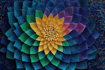 Poster - An abstract macro photograph of a vibrant and colorful floral pattern, showcasing a striking radial symmetry and intricate textured details.