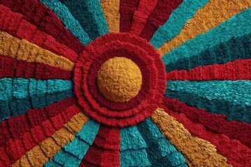 Poster - Abstract pattern of a colorful rug with yellow center and red, turquoise and golden lines radiating outward in sun shape, close up texture and detailed rug