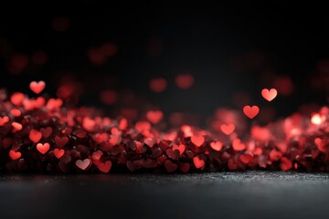 Poster - A mesmerizing bokeh of red heart shapes against a dark background creating an romantic and dreamy scene, perfect for Valentine's day cards and special occasions.