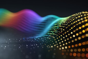 Poster - an abstract colorful wave of dots and lines on a dark background, with a smooth gradient from red to