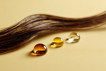Poster - Brown hair strand with three amber colored oil drops on pale yellow background, showcasing hair care products or beauty treatment concept