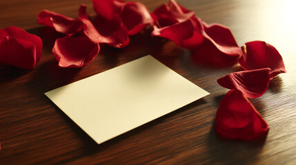 Poster - Blank cream card on brown wood, surrounded by red rose petals, suggestive of Valentine's Day, romantic message or invitation mockup