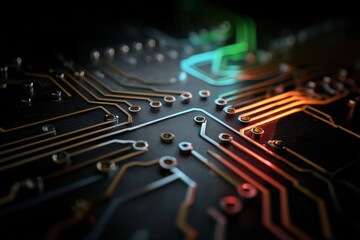 Poster - close-up shot of a modern computer circuit board with intricate patterns and glowing pathways, symbo