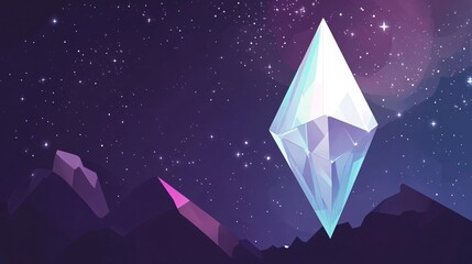 Poster - Giant crystal floating over mountains at night with stars in the sky