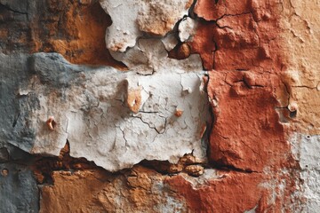 Poster - An abstract close-up shot of a weathered brick wall with peeling paint, showcasing texture, color and details, creating visual interest and unique pattern.