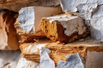 Poster - a weathered brick wall with peeling white paint, showcasing texture and age details, perfect for bac