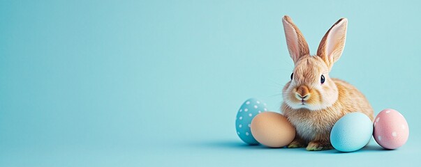Wall Mural - Cute easter bunny sitting with colorful eggs on blue background