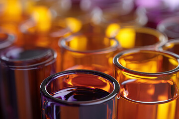Aufkleber - Close-up of amber and purple glass test tubes, filled with liquids, creating a warm and vibrant color palette, showcasing scientific research or laboratory concepts