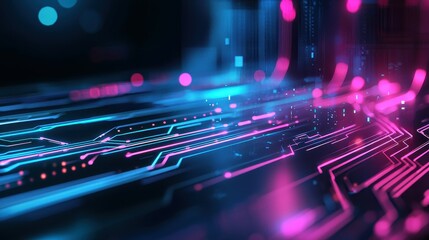 Fototapete - Abstract digital circuit patterns in vibrant blue and pink hues.