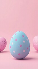 Poster - Light blue easter egg standing out on pink background with other eggs blurred