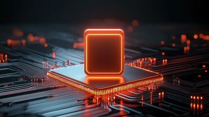 Fototapete - Futuristic glowing microchip on a circuit board, showcasing advanced technology.