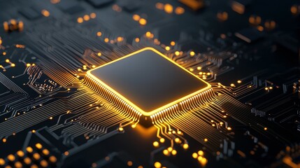 Poster - Close-up of a glowing microchip on a circuit board, showcasing intricate details.