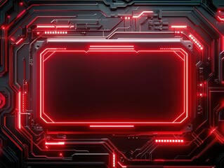 Fototapete - Futuristic circuit board background with glowing red frame and intricate patterns.