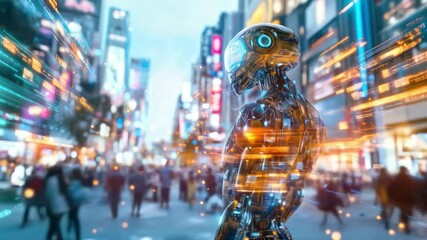 Fototapete - A humanoid robot stands prominently in a bustling city square filled with people.