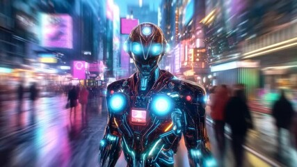 Aufkleber - A humanoid robot stands amidst a bustling urban landscape filled with neon lights and towering screens. People walk by, showcasing the integration of technology in everyday life.