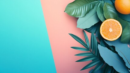Aufkleber - Creative layout made of tropical leaves and oranges on colorful background