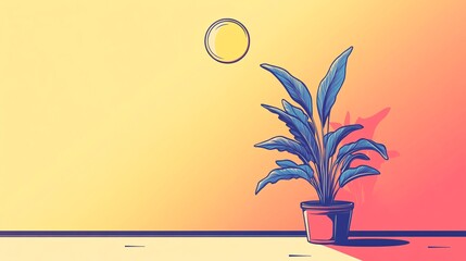 Poster - Potted plant casting a shadow on a vibrant synthwave wall under the summer sun