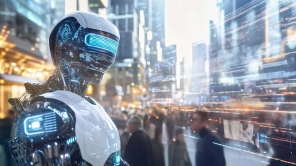 Aufkleber - A futuristic humanoid robot observes a busy city street filled with people, engaging in corporate training and scientific development. Its advanced design showcases intricate technology and data.