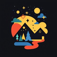 Poster - Colorful geometric landscape showing sun, moon, stars, clouds, mountains, trees, and river