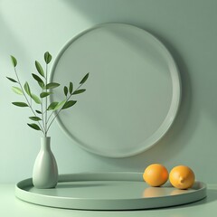 Poster - Green pastel podium displaying lemons and plant branches with round frame