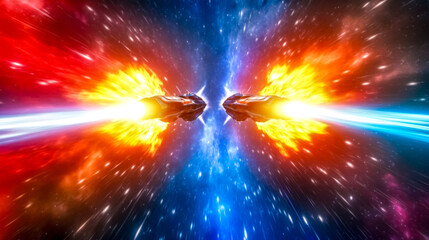 Wall Mural - Spaceships traveling at warp speed in a colorful nebula