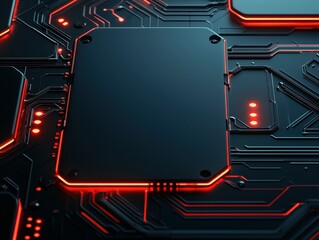 Poster - Close-up of a circuit board with illuminated red lines and a dark central component.