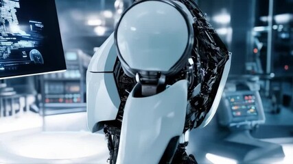 Leinwandbilder - A humanoid robot stands in front of a digital display, actively engaged in training modules for corporate development. The futuristic environment showcases advanced technology and robotics.
