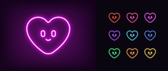 Poster - Outline neon cute heart icon. Glowing neon heart icon with smile and eyes, cute love emoji. Romantic baby heart emoticon, cartoon funny love, happy romance, amour smile. Vector icon set