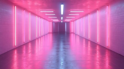 Fototapete - a 3d rendered empty pastel studio room with a neon tube on wall serves as background for,stock photo