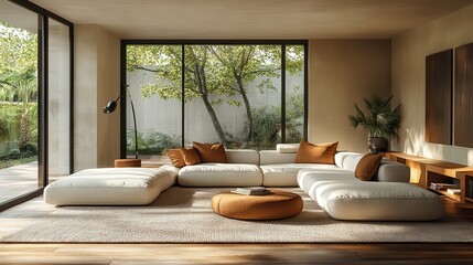 Poster - a 3d rendering of a modern villa living room with beige furniture bright walls hardwood flooring and a sofa and armchair with a lamp creating a relaxing and stylish interior design,stock image