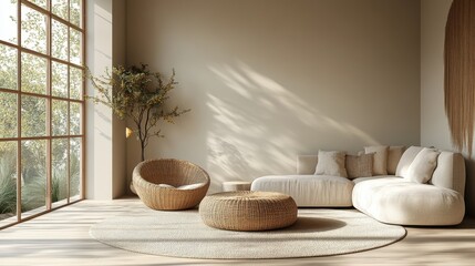 Aufkleber - a 3d rendering of a modern villa living room with beige furniture bright walls hardwood flooring and a sofa and armchair with a lamp creating a relaxing and stylish interior design,photo stock