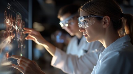Poster - scientists analyze data on a digital interface in a laboratory while wearing protective eyewear