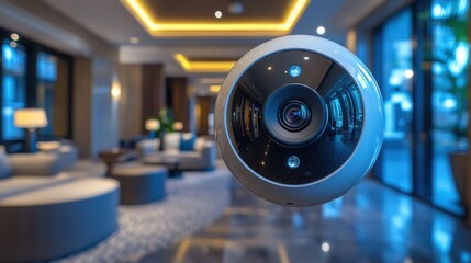 Poster - a close up of a wireless cctv camera installed in a smart home integrated with mobile phone technology for real time monitoring,stock image