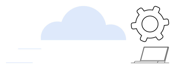 Cloud with gear and laptop representing cloud computing, technology integration, and data flow. Ideal for innovation, automation, web development, storage, IT support and productivity. Flat simple