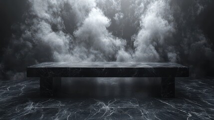 Aufkleber - a dark room with a black stone floor and an empty black marble table is filled with smoke creating a mysterious and atmospheric setting,photo stock