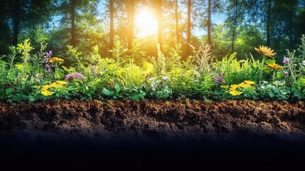 Poster - a depiction of plants and soil working together to produce oxygen purify air and sustain ecosystems exemplifying their crucial role in preserving planet s well being