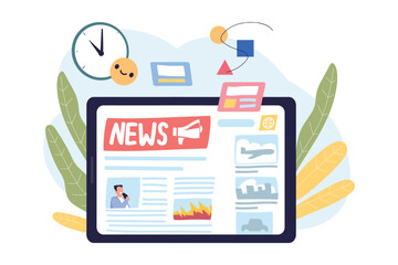 Poster - Tablet online news. Social media internet newspaper in computer tab, mobile website digital press daily news content electronic paper monitor device concept vector illustration