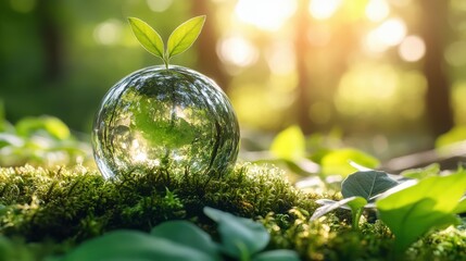 Poster - a glass earth globe sits on a bed of moss with a new green sprout growing from the top surrounded by a vibrant forest with sunlight filtering through the trees,stock image