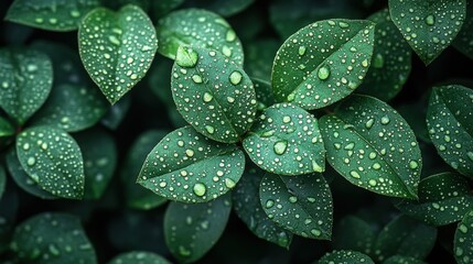 Poster - a group of green leaves with droplets of water on them green background,stock image