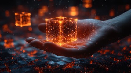 Leinwandbilder - a hand manipulating floating 3d cubes in a digital network symbolizing technology innovation and data manipulation this image represents the of digital transformation,stock photo