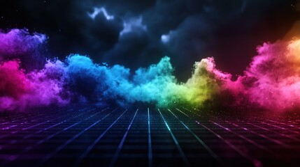 Canvas Print - colorful smoke clouds on a dark grid floor, vibrant neon glow background