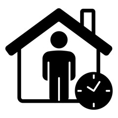 Fototapete - House with remote man solid icon, stay at home concept. Vector graphics. Man in house with clock sign on white background, glyph style mobile or design.